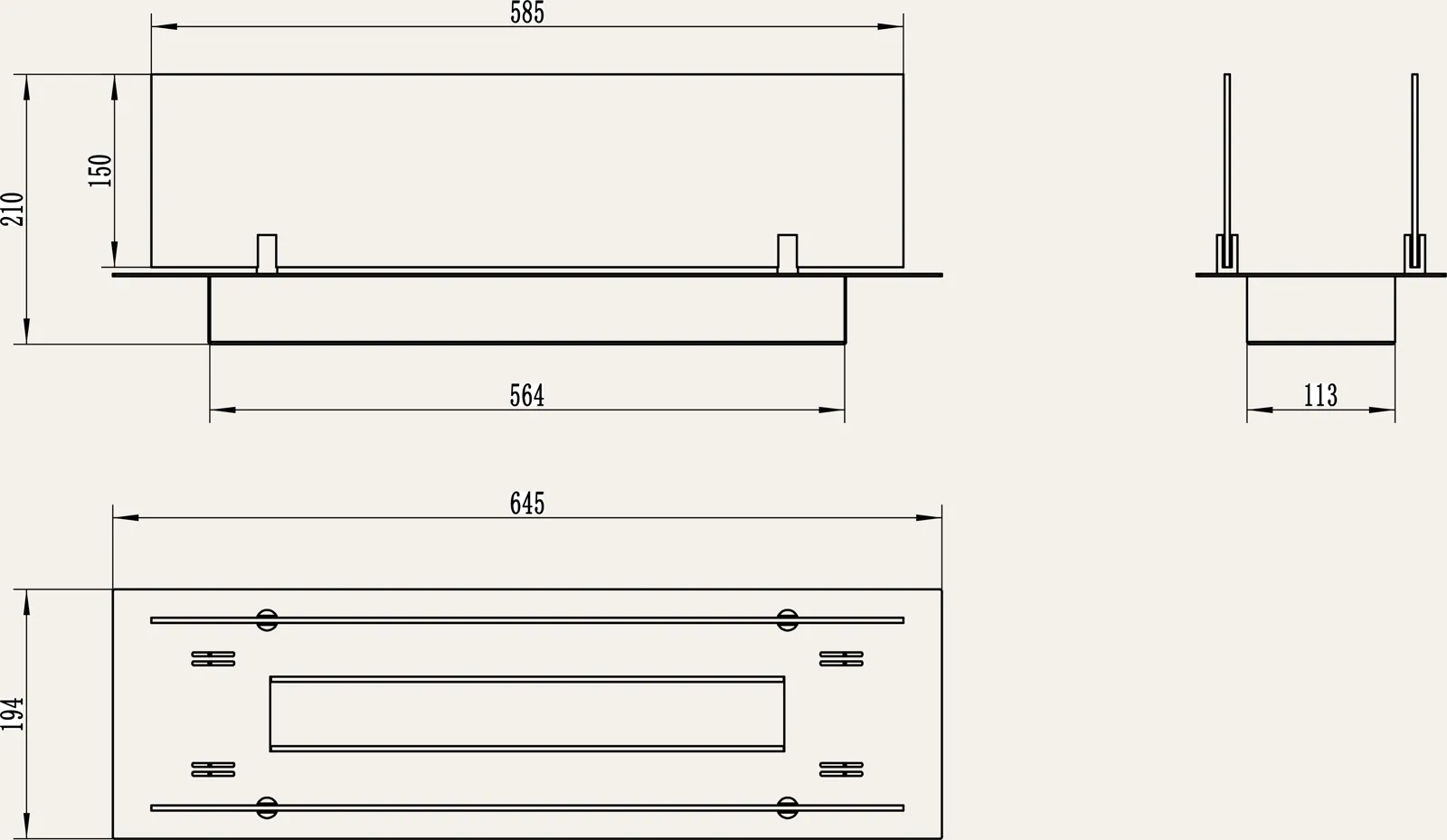 Built-in Bioethanol Fireplace Insert – dimensions diagram