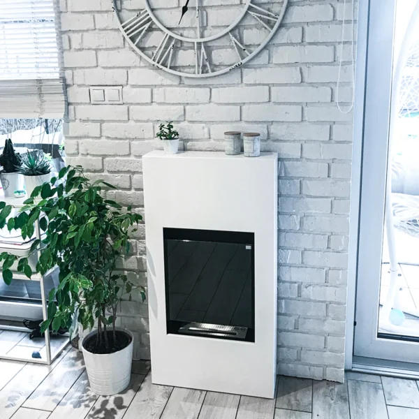 Modern Freestanding Bioethanol Fireplace – White in a home setting