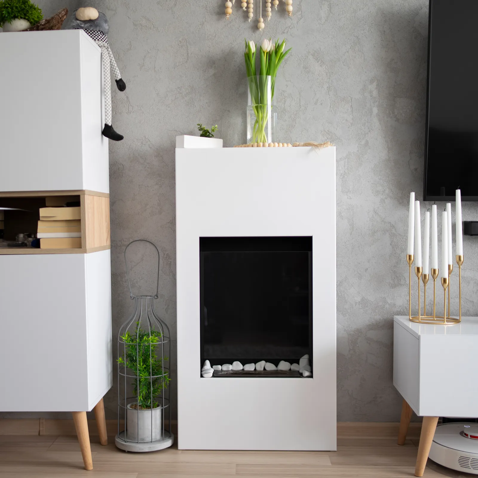 Modern Freestanding Bioethanol Fireplace – White in a home setting
