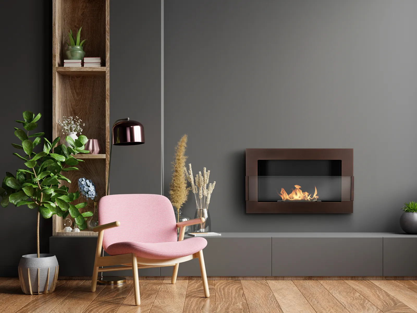650 Wall Mounted Bioethanol Fireplace – Brown in a home setting