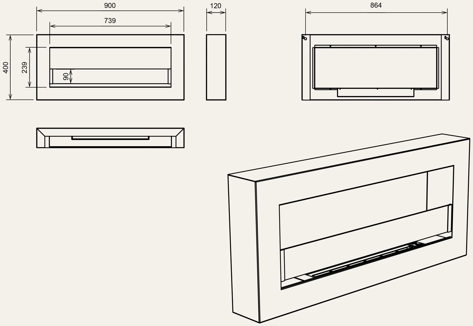 900 Box Bioethanol Fireplace – dimensions diagram