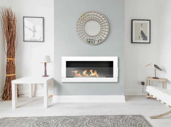900 Wall Mounted Bioethanol Fireplace – White gloss in a home setting
