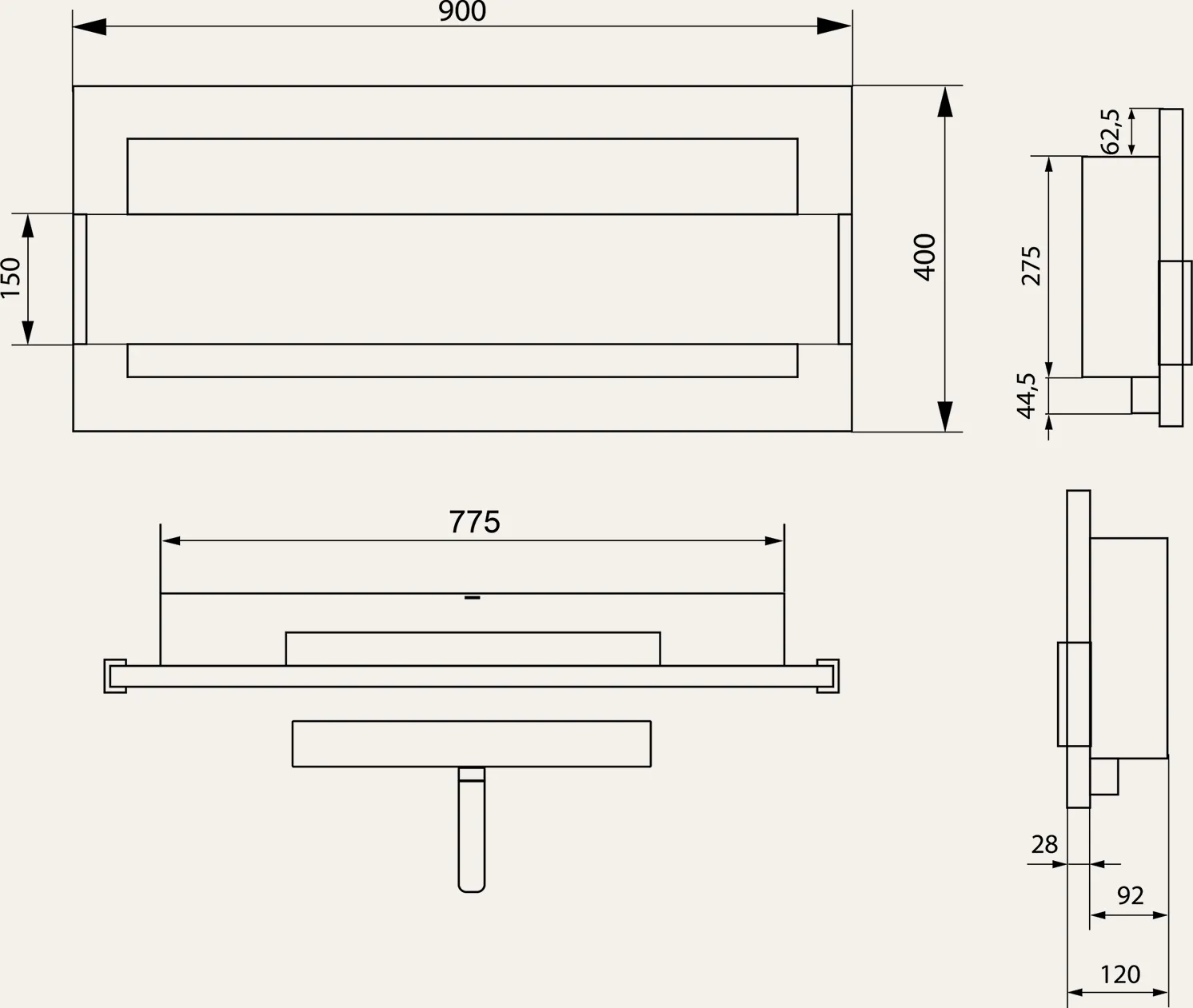 900 Wall Mounted Bioethanol Fireplace – dimensions diagram
